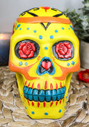 Colorful Fancy Yellow Day of The Dead Sugar Skull Amore Floral Roses Figurine