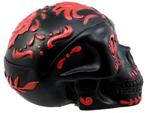 Ebros Gift El Diablo Day of The Dead Red Rose Skull Ashtray Tribal Tattoo Skull Figurine 5"Long