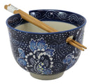 Shades Of Blue Daisy Floral Breeze Porcelain Ramen Soup Bowl With Chopsticks Set