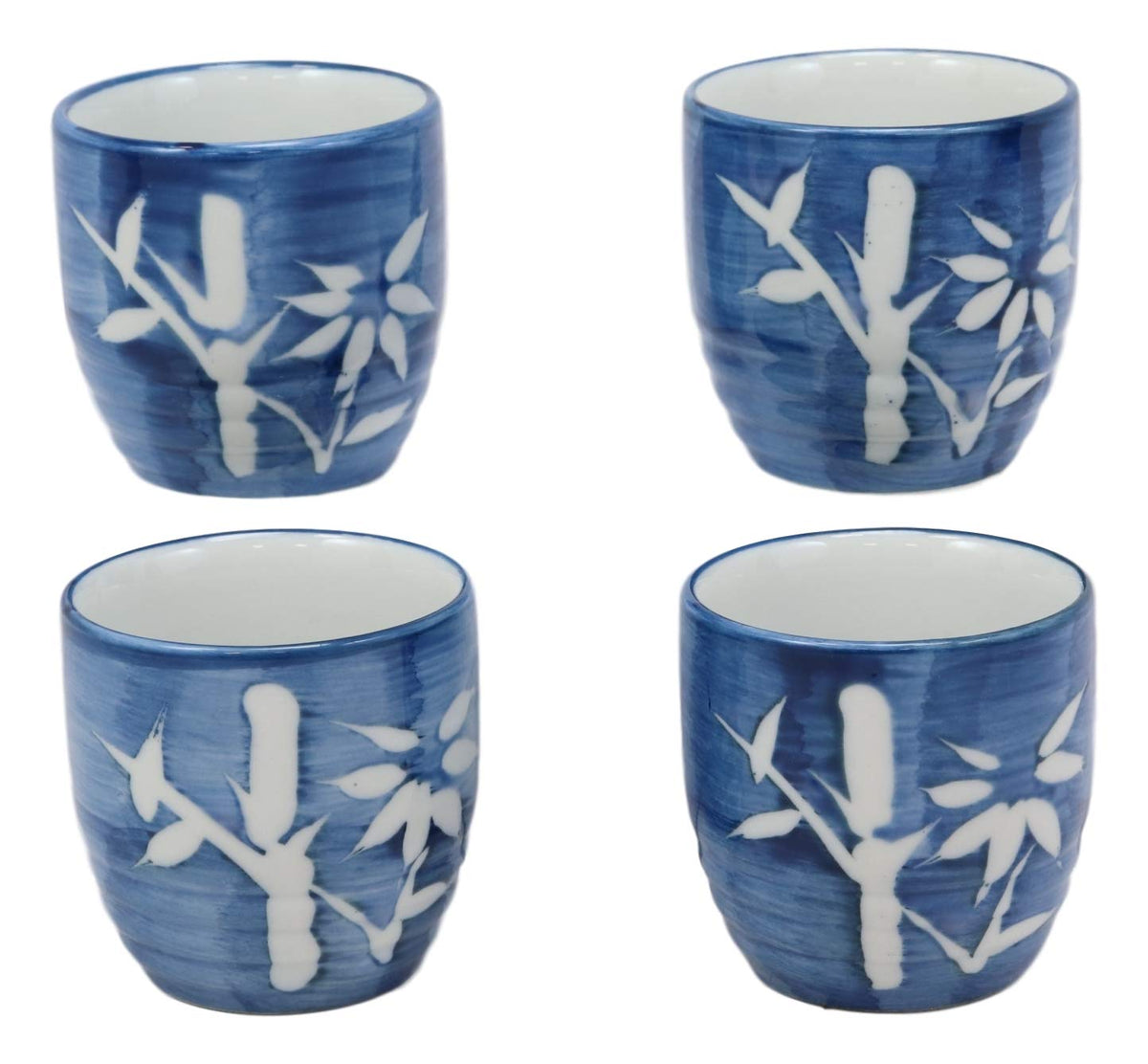 Ebros Porcelain Blue Jeans & White Bamboo Japanese Sake Rice Wine Flask And 4 Cups Set