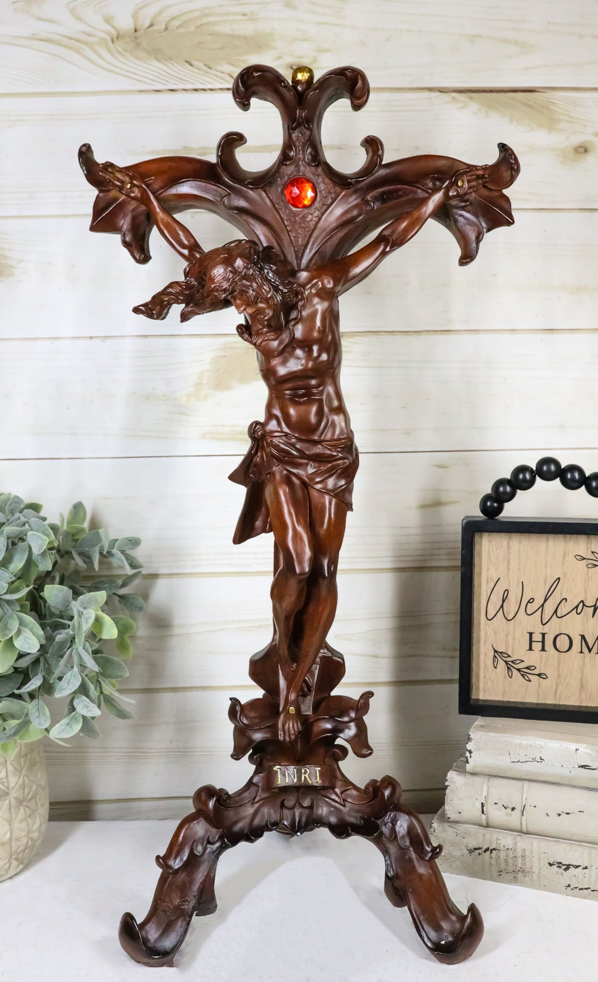 Faux Mahogany Wood Finish Large Jesus Christ Crucifix With Stand Statue 23"Tall