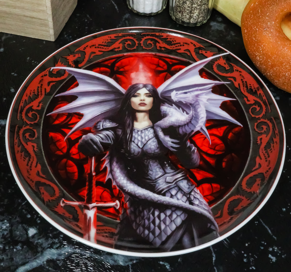 Set Of 4 Fantasy Warrior Maidens With Magic Rune Dragons Dessert Salad Plates