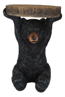 Rustic Western Black Bear Cub Holding Faux Wood Slice Table Stand Figurine