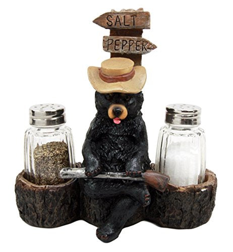 Ebros Gift Black Bear With Shotgun On Cross Road Salt Pepper Shakers Holder Figurine 6.5"H - Ebros Gift