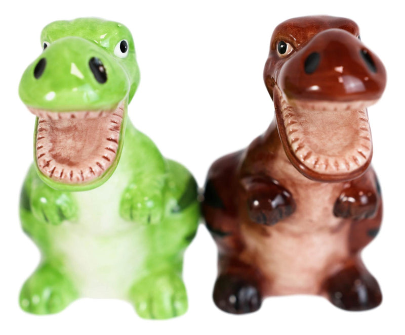 Ceramic Green And Brown T Rex Jurassic Dinosaurs Salt And Pepper Shakers Set