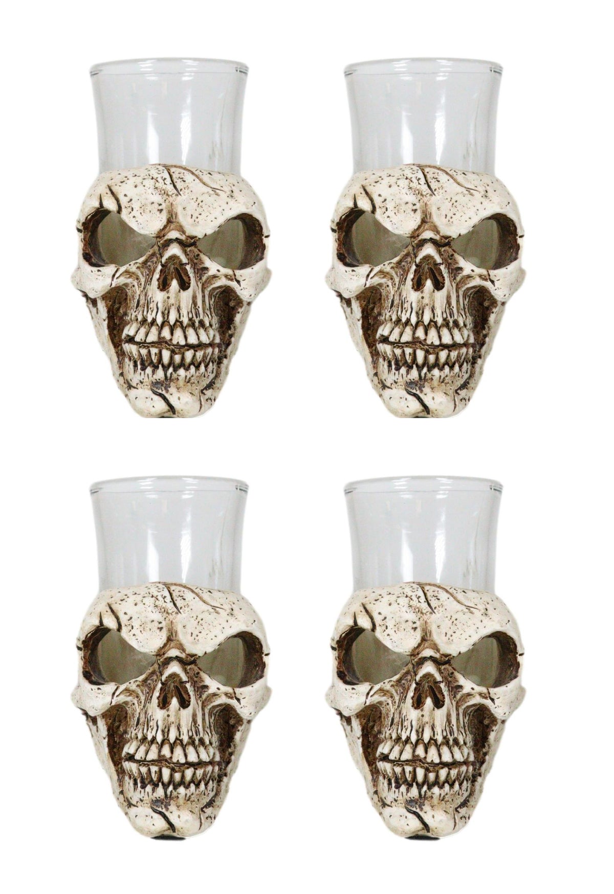 Set Of 4 Gothic Graveyard Macabre Grinning Evil Skull Shot Glass Holder Figurine