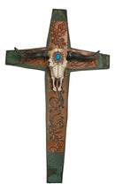 Rustic Western Turquoise Sun Floral Scroll Longhorn Bull Cow Skull Wall Cross