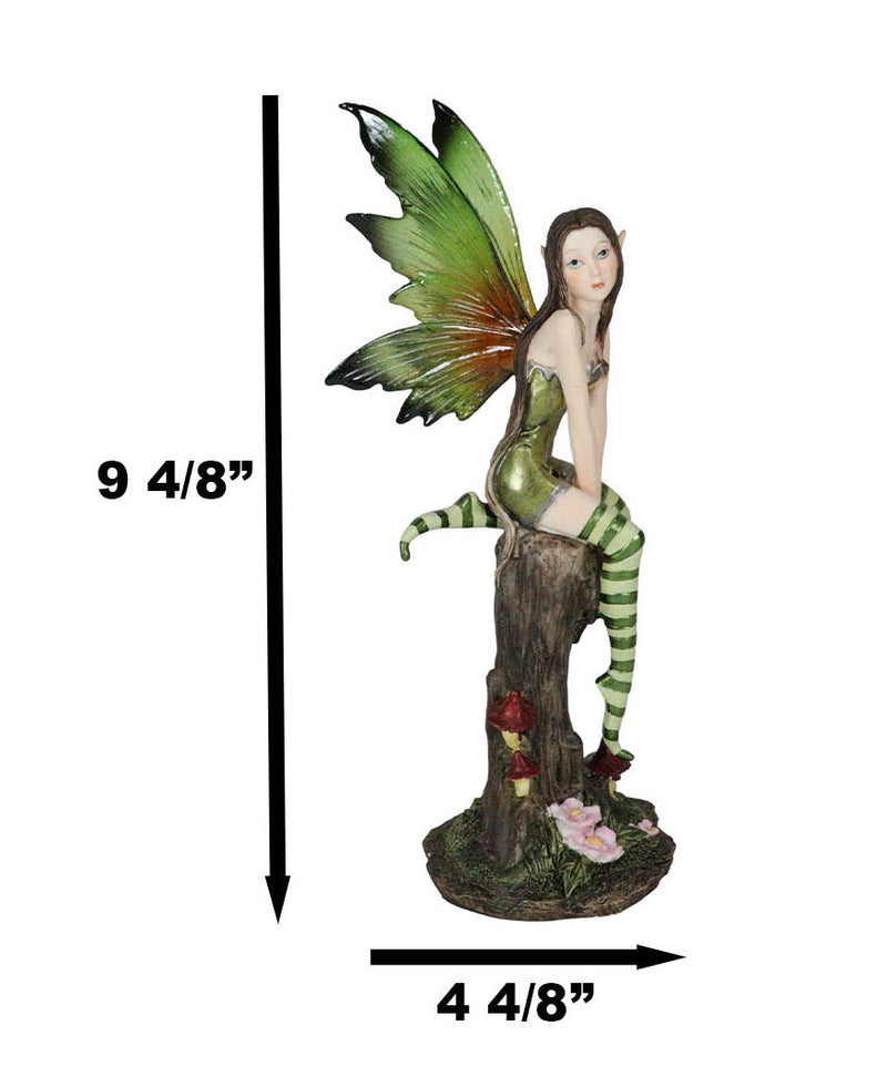 Whimsical Peppermint Elf Fairy Sitting On Tree Stump Statue 9.5"Tall Collectible