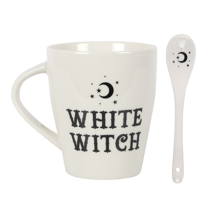Witchcraft Wicca White Witch Crescent Moon And Stars Coffee Mug And Spoon Set
