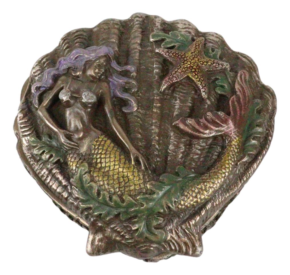 Ebros Beautiful Ocean Siren Mermaid With Starfish Oyster Shell Shaped Jewelry Box Figurine Mini Storage Decor Sculpture