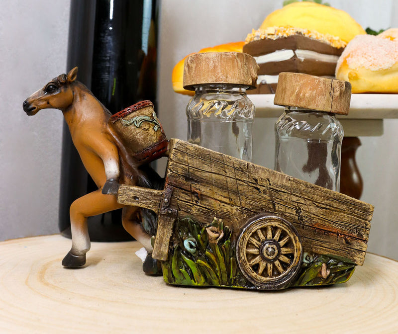 Country Western Brown Horse Pulling Cart Wagon Salt Pepper Shakers Holder Set