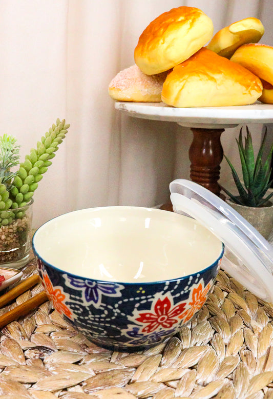 Ebros Set of 2 Ceramic Blue Cherry Blossoms Portion Meal Bowls 2 Cups W/ Airtight Lid