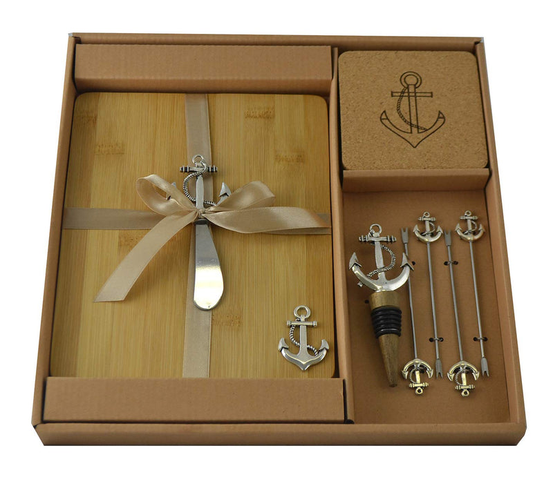 Nautical Anchors Bamboo Cheese Board Knife Wine Stopper Picks Coasters Gift Set