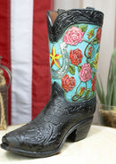 Rustic Western Black Turquoise Cowboy Boot With Colorful Roses Vase Figurine