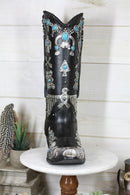 Southwestern Turquoise Silver Aztec Symbols Cowboy Boot Vase Planter Figurine