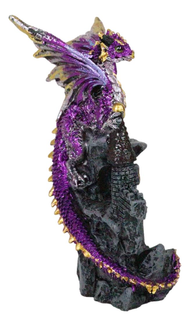 Metallic Golden Purple Dragon Guarding Castle Tower On Mountain Cliff Figurine