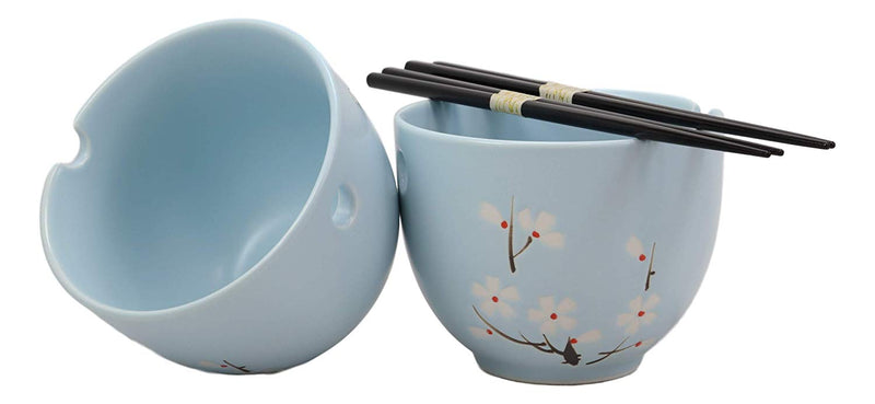 Ebros Ceramic Japanese Sakura Ramen Udong Noodles Bowls and Chopsticks Set of 2