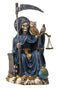 Seated Blue Santa Muerte With Scythe Scales of Justice And Wise Owl Figurine 9"H