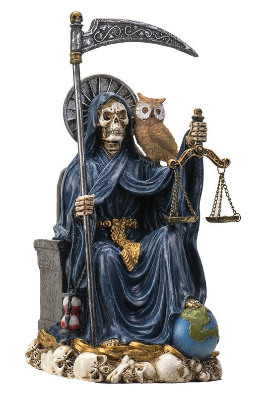 Seated Blue Santa Muerte With Scythe Scales of Justice And Wise Owl Figurine 9"H