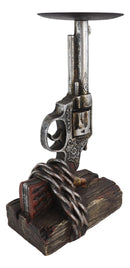 Rustic Western Six Shooter Revolver Gun With Scroll Art Pillar Candle Holder