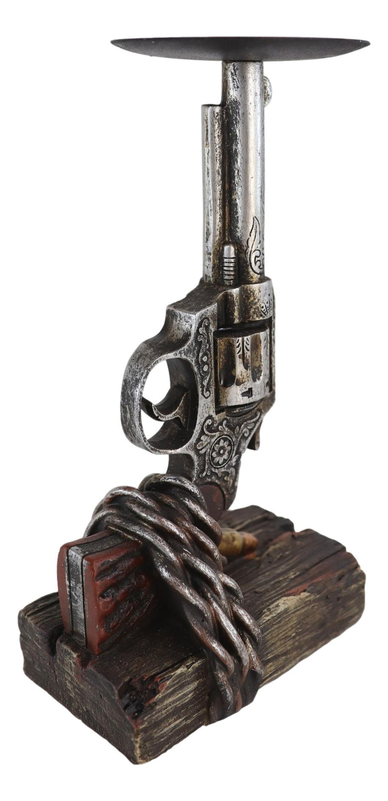 Rustic Western Six Shooter Revolver Gun With Scroll Art Pillar Candle Holder