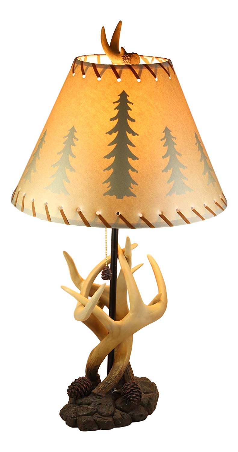 Ebros 26"H Rustic Vintage Design 3 Entwined Antlers And Pine Cones Table Lamp