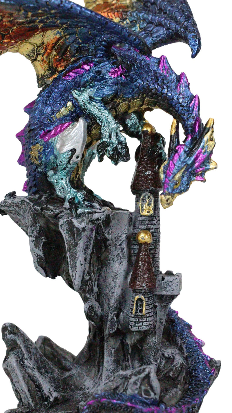 Metallic Blue Iridescent Dragon Protecting Castle On Mountain Cliff Figurine