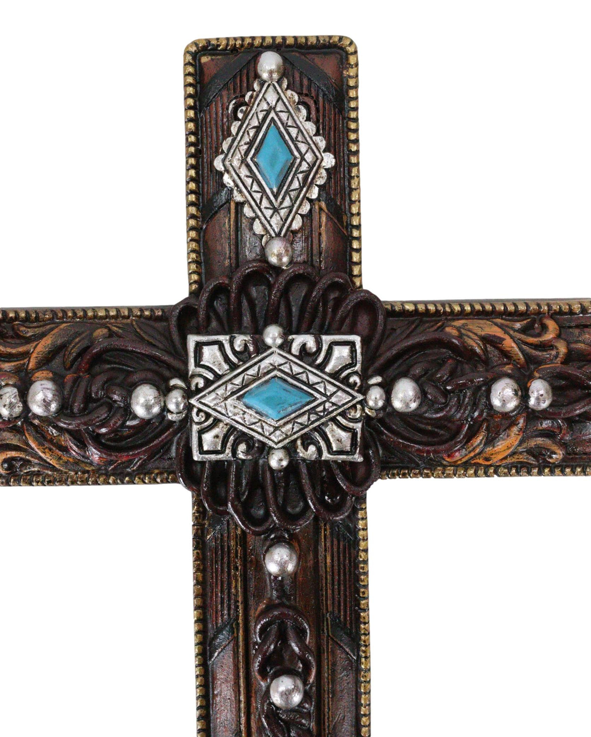 Rustic Western Turquoise Gems Silver Conchos Tooled Leather Wall Cross Decor - Ebros Gift