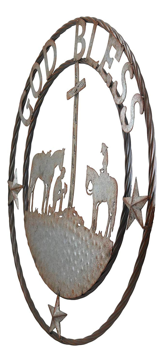 Ebros Gift Oversized 24" Wide Vintage Rustic Round Sign Braided Rope Galvanized Metal Circle Wall Decor (Praying Cowboys God Bless)