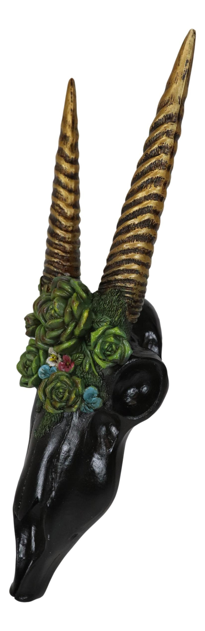 Western Rustic Black Rhim Gazelle Antelope Skull With Roses Wall Trophy Decor