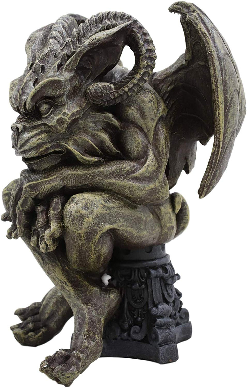 Ebros Winged Ram Horned Gargoyle Sitting On Cathedral Pedestal Statue 6" High