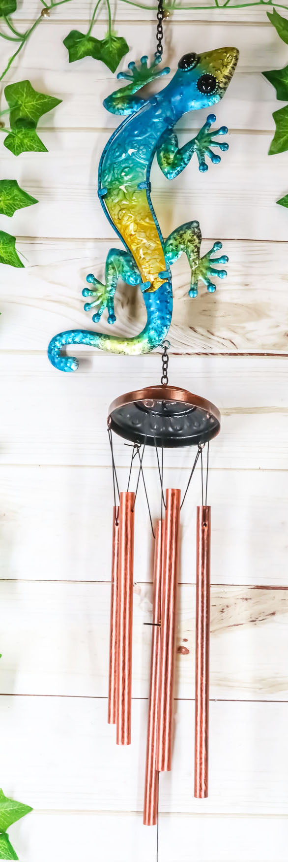 Ebros Green Camouflage Gecko Lizard Whimsical Copper Metal Wind Chime 40" Long