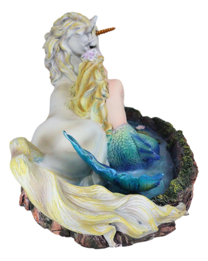 Blonde Mermaid Siren Princess Ariel With Rare White Unicorn In Lily Pond Statue