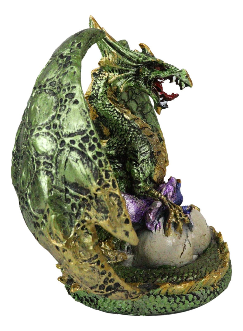 Metallic Green Gold Terra Mother Dragon Guarding 2 Wyrmlings In Eggs Figurine