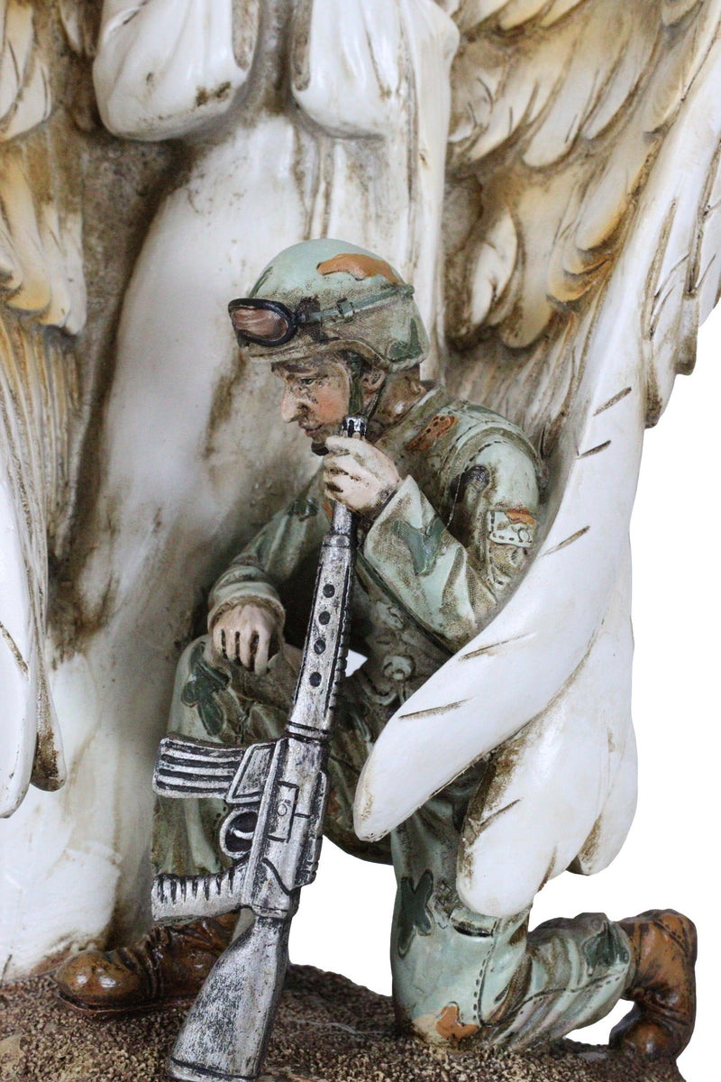 Inspirational Memorial Kneeling Soldier With Guardian Angel Praying Figurine