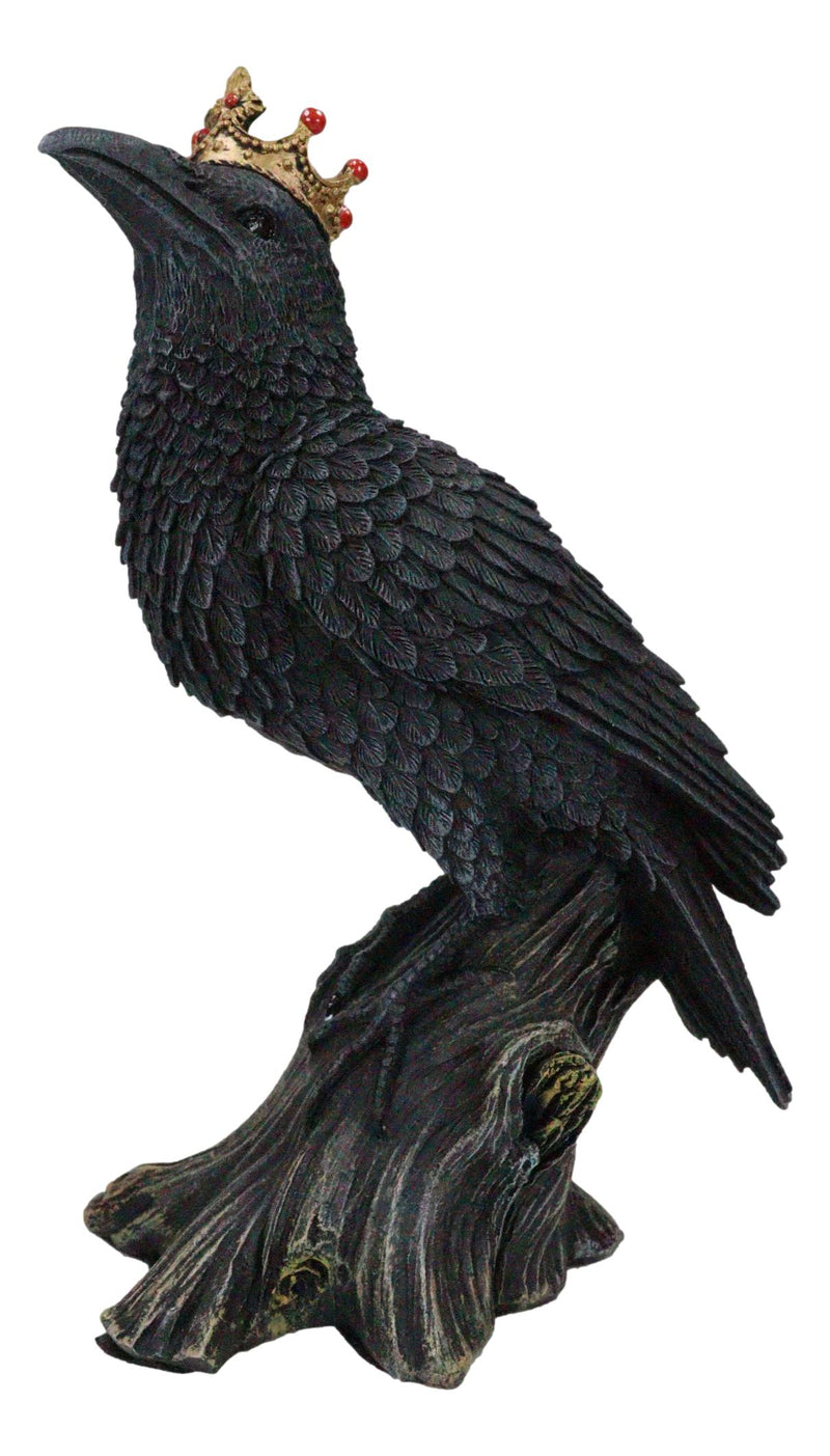 Macabre Gothic Royal Crowned Raven King Perching On Tree Stump Figurine 6.5"H
