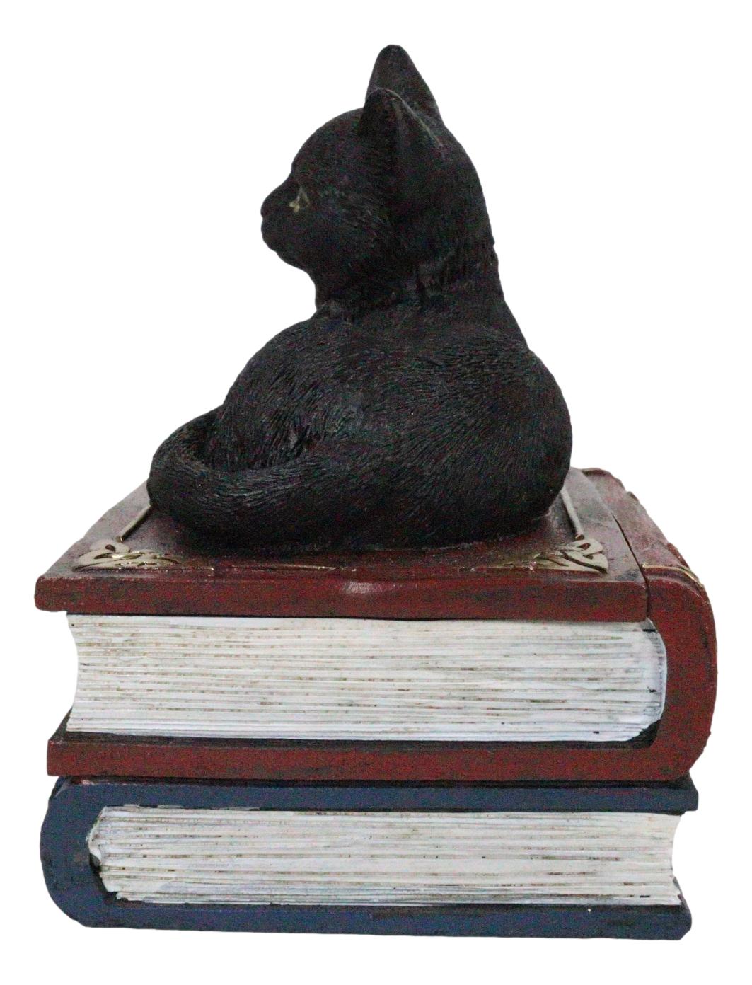 Wicca Mystical Black Cat Sitting On Book Of Spells Stack Decorative Jewelry Box