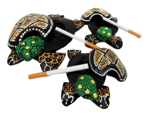 Balinese Wood Handicrafts Green Turtle Family Ashtray Shell Box Figurine Set