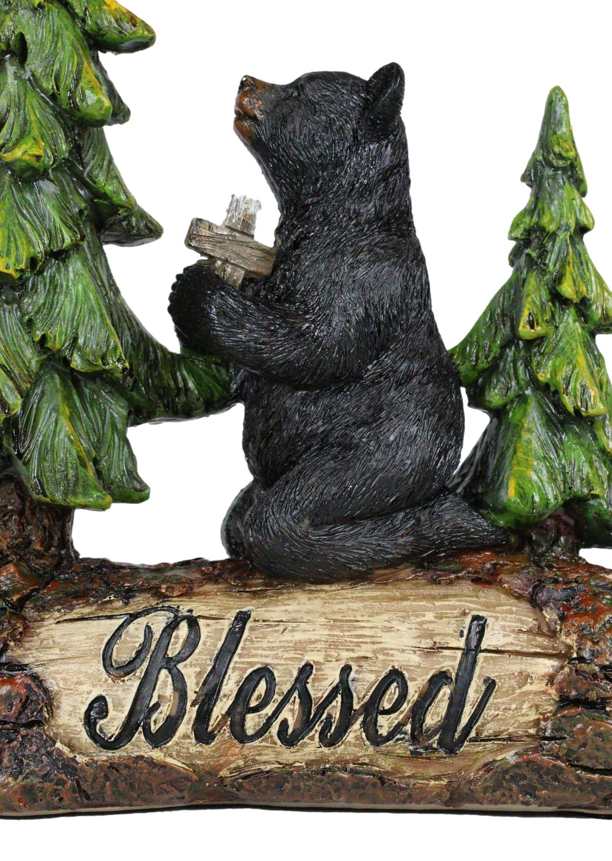 Blessed Rustic Western Black Bear Kneeling On Log by Pine Trees Praying Statue
