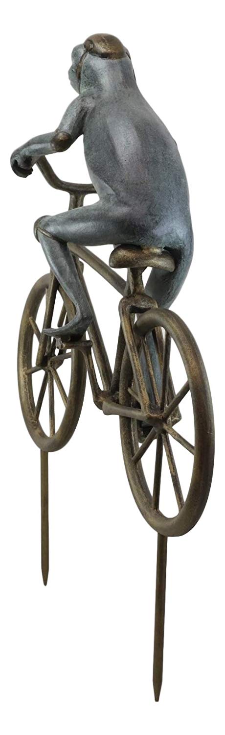 Ebros Gift 26.75" Tall Aluminum Metal Whimsical The Expedition Bicycling Frog with Helmet Garden Stake Statue Frogs Patio Pool Pond Lawn Yard Decorative Sculpture Feng Shui Zen Accent - Ebros Gift