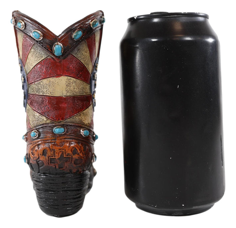 Rustic Western Cowboy American Flag Turquoise Rocks Boot Pen Holder Figurine