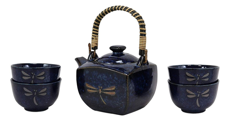 Ebros Japan Made Tombo Dragonfly Midnight Blue 20oz Porcelain Tea Pot & Cups Set