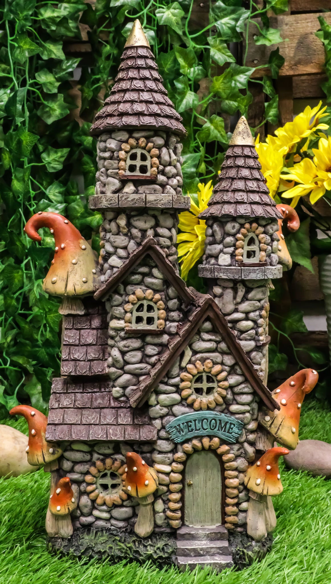 Fairy Garden LED Light Up Castle Stone House With Tall Tower Roofs Figurine - Ebros Gift