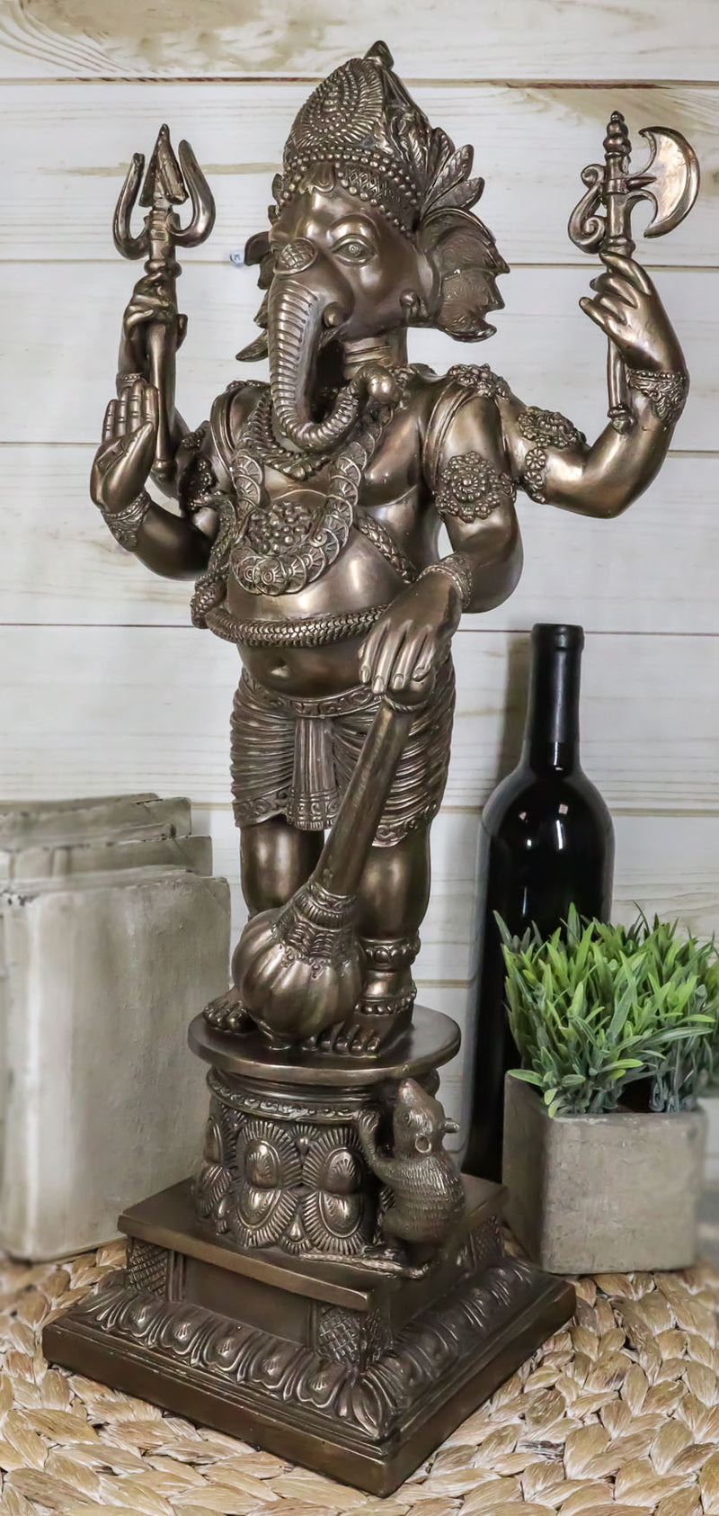 Large 21" Tall Ganesha With Dhoti in War Armor On Pillar With Rat Statue Bronzed