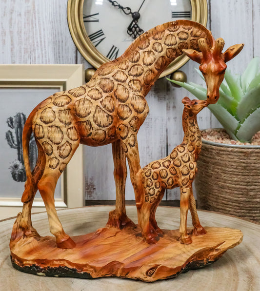 Safari Giraffe Family Statue 6.75"H Faux Wood Resin Giraffe Mother And Calf - Ebros Gift