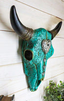 10"L Southwest Steer Bison Bull Cow Skull Turquoise With Scroll Heart Wall Decor - Ebros Gift