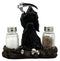 Grim Reaper Standing On Skull Graveyard Salt & Pepper Shakers Holder Set