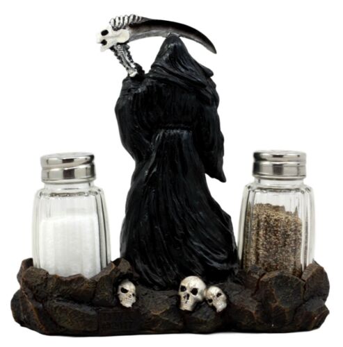 Grim Reaper Standing On Skull Graveyard Salt & Pepper Shakers Holder Set