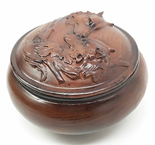 Ebros Faux Wood Resin Moon Lovers Wolf Couple Rounded Jewelry Trinket Box Figurine