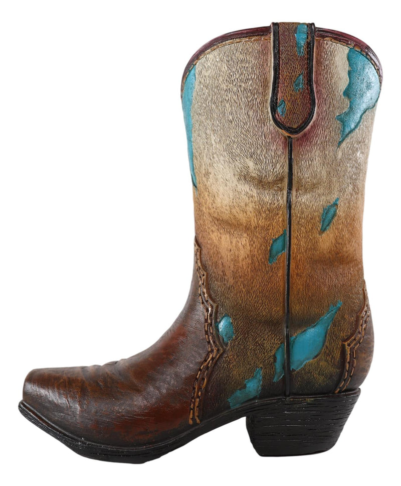 Rustic Western Cowboy Turquoise Cowhide Pattern Boot Flower Vase Planter Decor